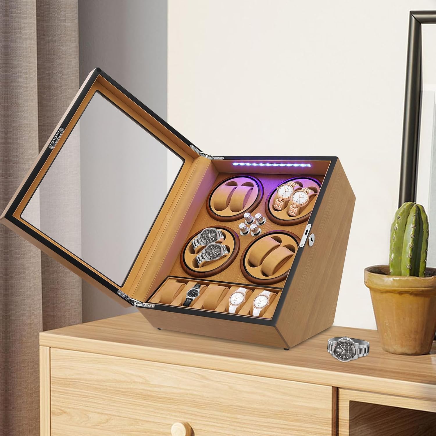 Watch Winder, Leather Rotating Display Box, 8 Watch Winder + 5 Display Storage Spaces, Large Capacity Auto Watch Storage Case with Built-in Illumination & Adjustable Watch Pillows