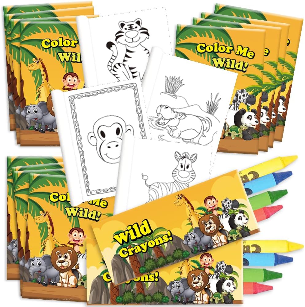 ArtCreativity Zoo Animal Mini Coloring Book Kit - 12 Sets - Each Set Includes 1 Small Color Book and 4 Crayons - Zoo Theme Party Favors, Sleepover Party Supplies, Coloring Activity for Boys and Girls