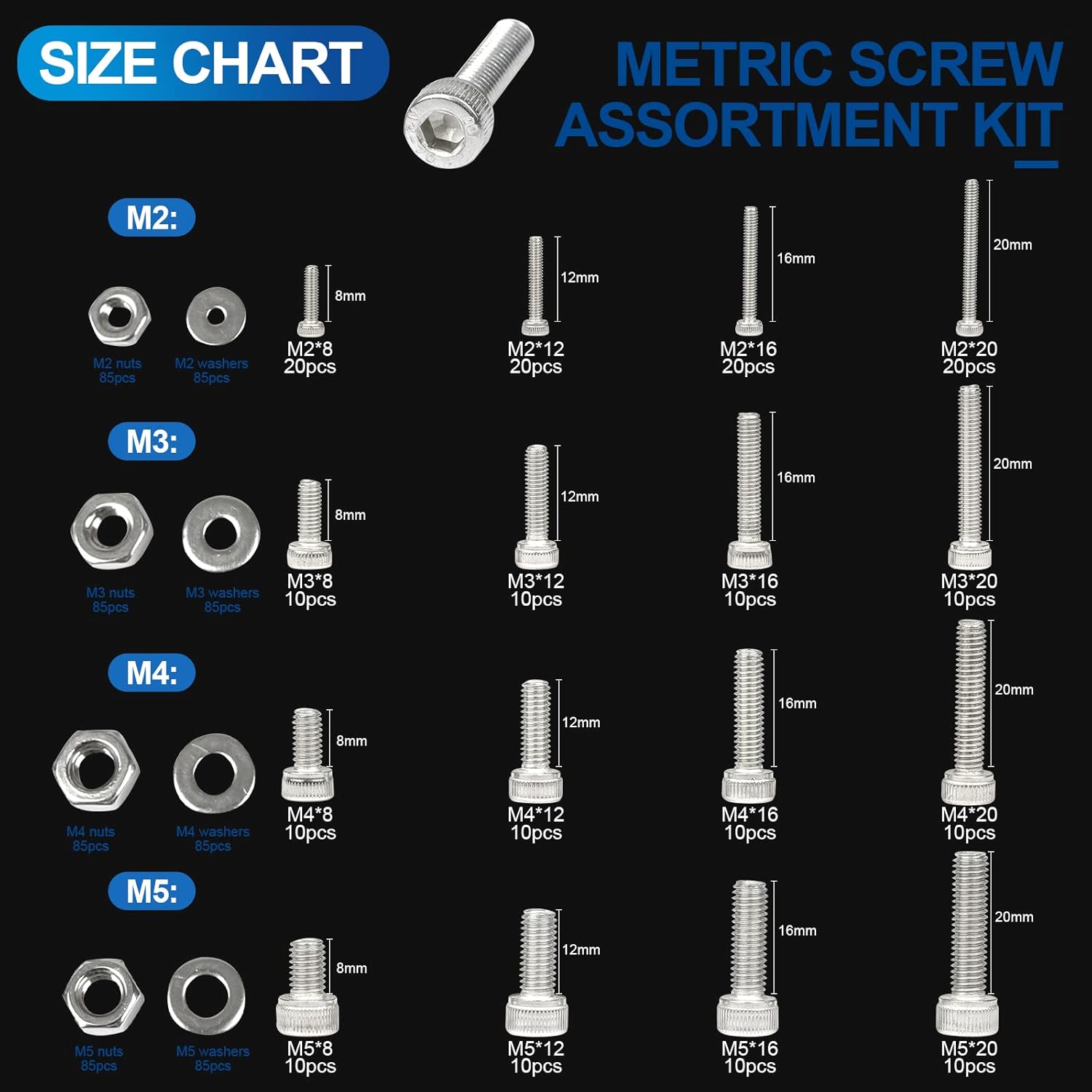 NINDEJIN M2 M3 M4 M5 Hex Socket Cap Screw Machine Screws Assortment Kit + M3 Allen Socket Drive Screw Bolt and Nut Set(580pcs Stainless Steel+282pcs Carbon Steel
