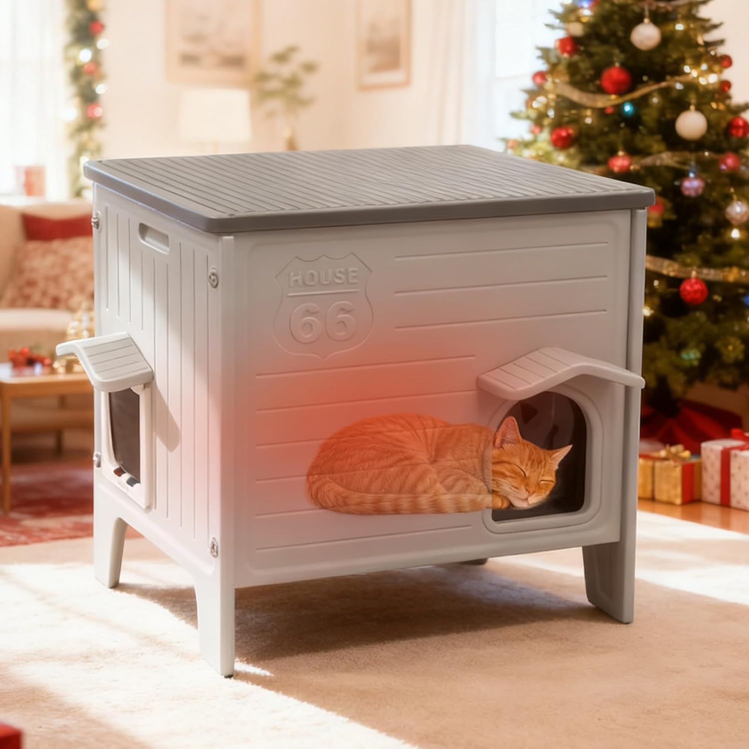 Rockever 100% Insulated Outdoor Cat House with Insulated Liner for Winter, Waterproof Feral Cat House for Outdoor Cats, Plastic Cat House for Outdoor Use with Escape Door, Clean Easily(M,Grey&Liner)
