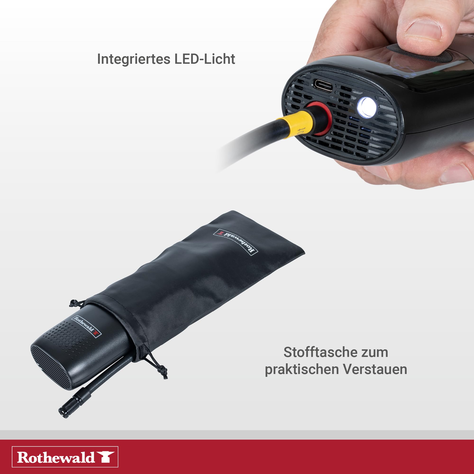 Rothewald Akku Druckluftpumpe 10 Bar, Elektrische Luftpumpe mit Digitalem Manometer, Reifenpumpe für Auto Motorrad Fahrrad Ball, Kompressor Akku Tragbar, USB-C Ladeanschluss
