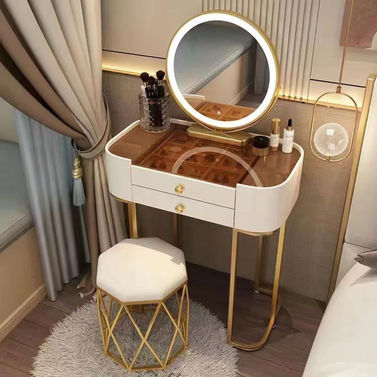 Toeletta da Trucco con Luci LED a Luminosità Regolabile Postazione Trucco con Specchio Tavolo da Toeletta con Piano in Vetro Tavolo da Trucco con Sgabello Imbottito Moderno Scrivania Trucco