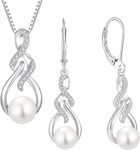 Juego de joyas de perlas infinitas para mujer, aretes y collar chapados en oro blanco de 18 quilates