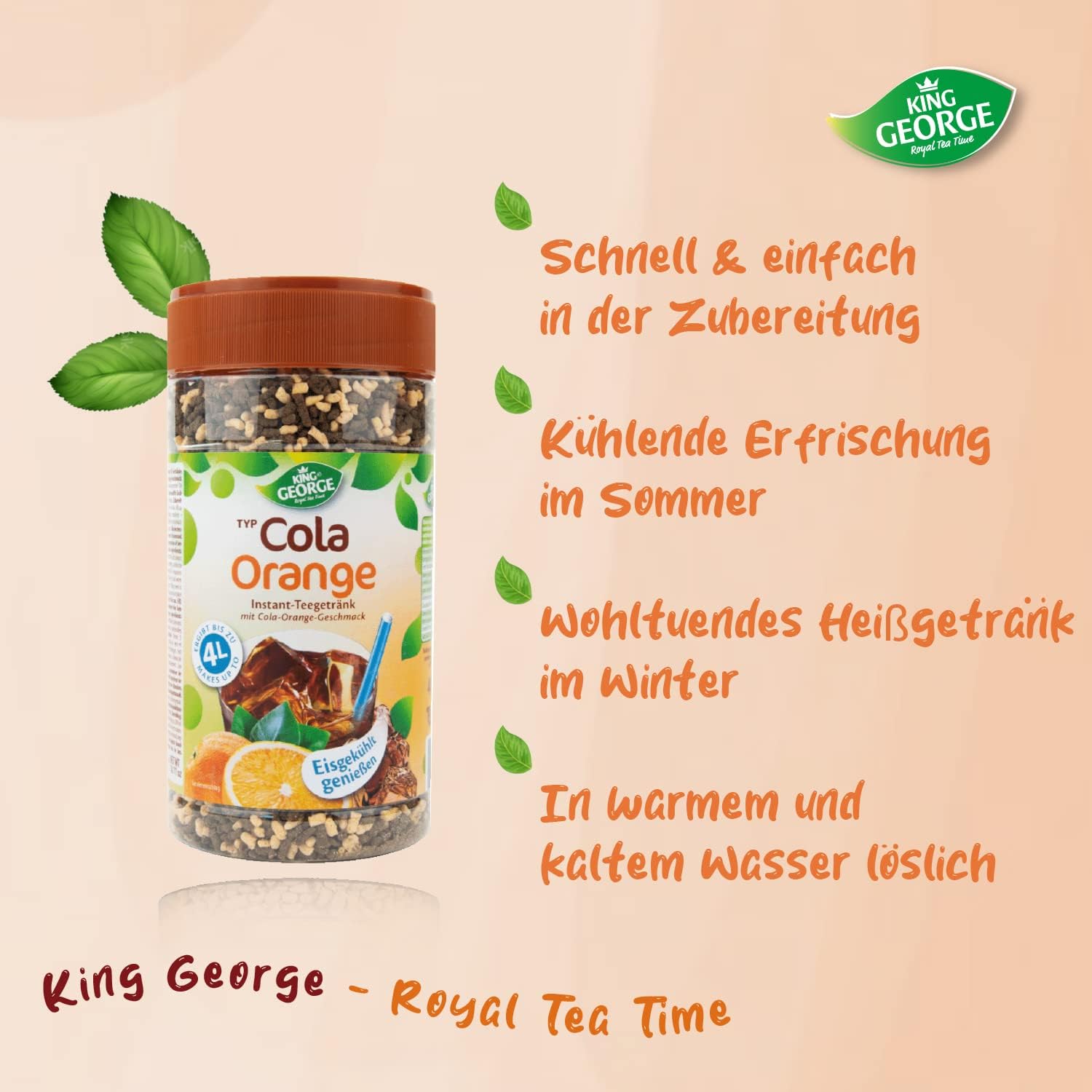 KING GEORGE - Cola Orange Instant tè freddo bevanda 12 x 400 g di piacere rinfrescante, tè istantaneo alla briciola – bevande in polvere, bevande analcoliche per la casa, il compleanno, le feste