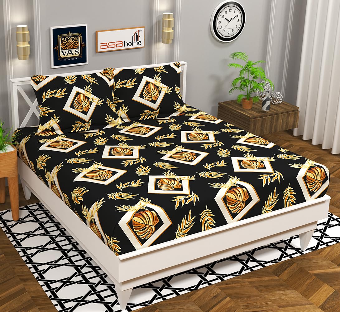 BSB HOME 3D Printed 144 TC Microfiber Double Bedsheet with 2 King Size Pillow Covers (Black and Grey Big Checks Print, 90 X 90 Inches)