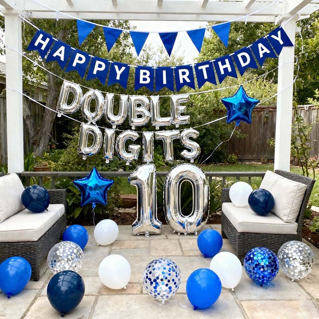 52 Pieces 10th Birthday Decorations for Boys, Blue Silver Double Digits Party Supplies with Happy 10th Birthday Banner, Number 10 Balloons Star Foil