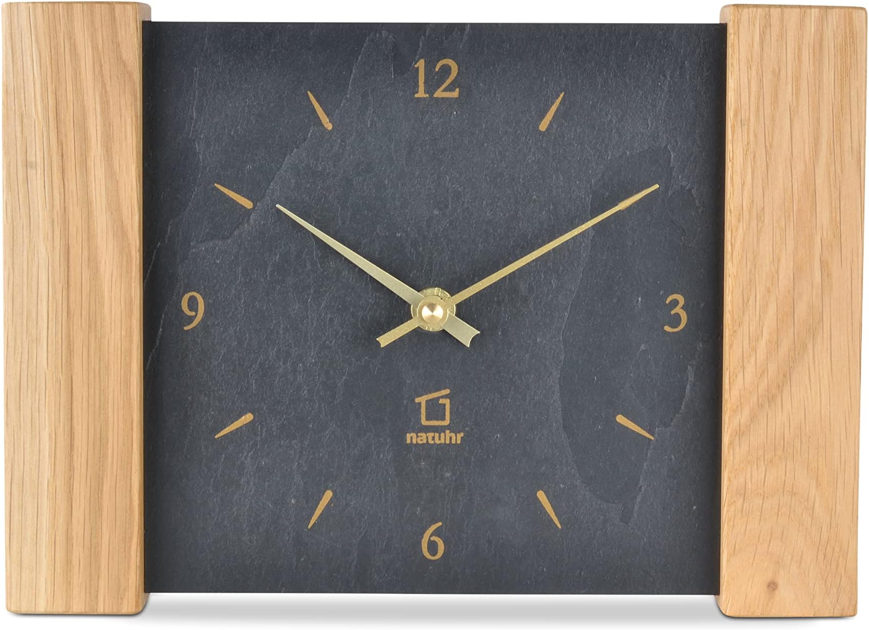 Natuhr Wall Clock/Desk Clock Dachstein - Solid Oak Wood & Slate, Stone, low noise - Made in Germany