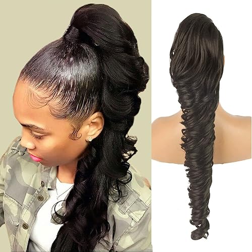 Miniatura 7 de KRSI Extensión de cola de caballo con cordón ondulado de 28 pulgadas de largo para mujeres negras, extensiones de cabello rizado con clip, cola de