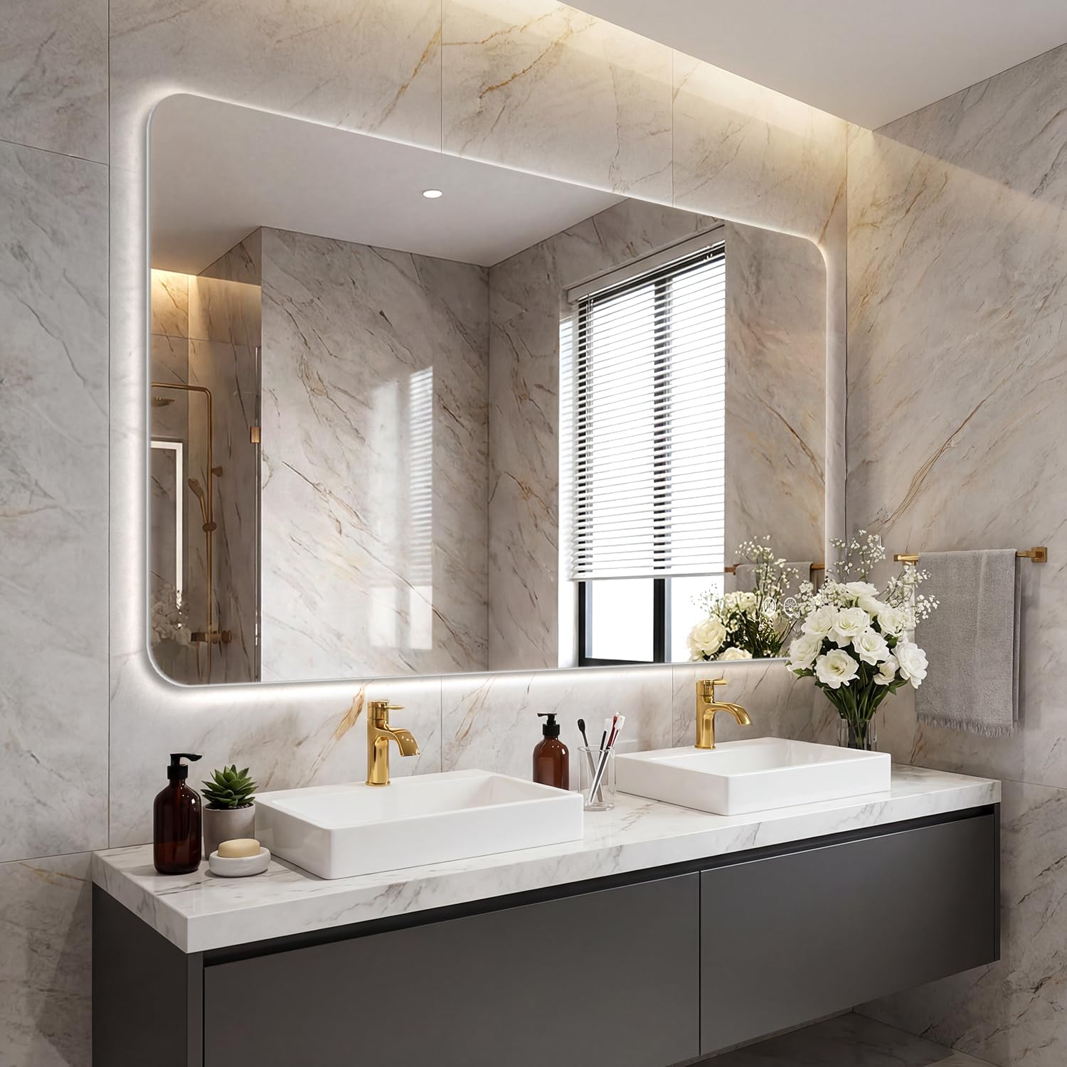 EOGOW LED Bathroom Mirror with Lights,48"x30" Backlit LED Mirror for Bathrooms with Anti-Fog,Dimmable,3 Colors Bathroom Mirror, Wall Mounted Horizontal/Vertical Vanity Mirrors,Tempered Glass