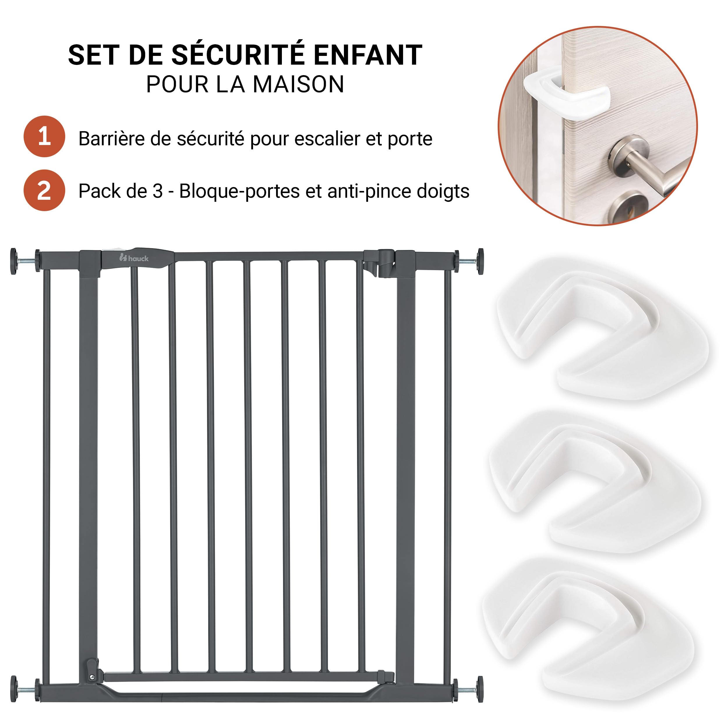 hauck Lot Barriere de Securite Enfant Clear Step (Largeur 75 à 80 cm) Sans Percage, Seuil Ultra Plat, Ouverture Bilatèrale à 1 Main - 3x Bloque Porte Bébé, Gris Foncé
