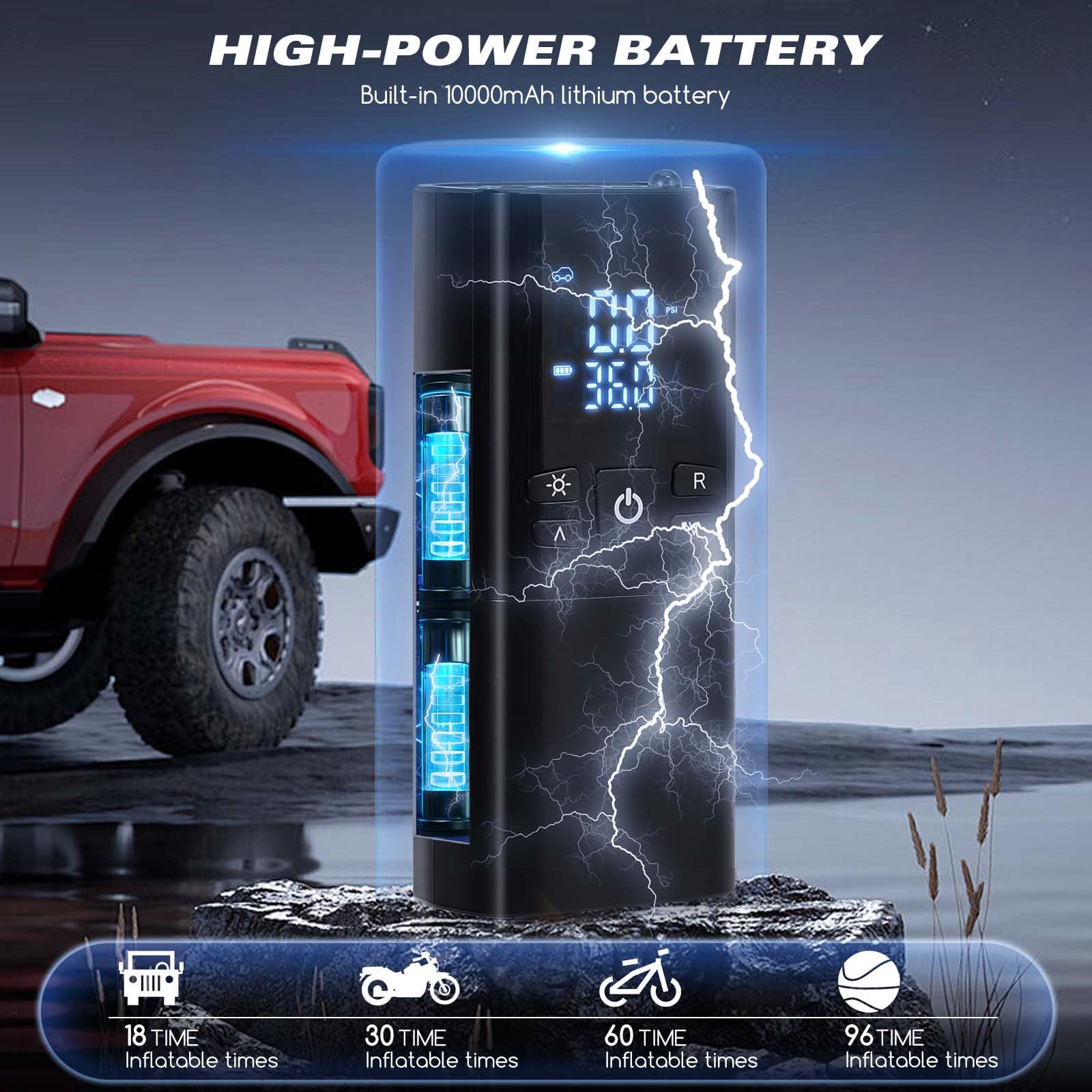 Compresor de aire portátil para neumáticos de coche, inflador de neumáticos inalámbrico de 150 PSI con apagado automático y luz LED, bomba de aire recargable de 10000 mAh para bicicleta, motocicleta