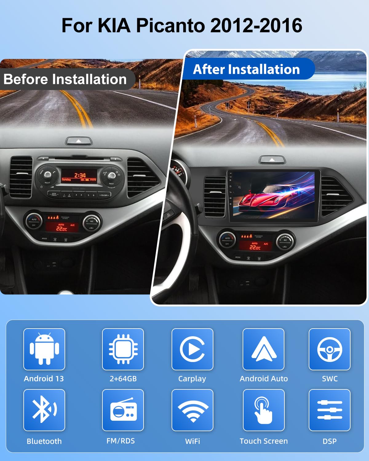NHOPEEW 2+64G Android CarPlay Stereo per KIA Picanto 2012-2016 - Radio touchscreen da 9 pollici con CarPlay wireless Android Auto - WiFi GPS Mirror Link EQ RDS + Telecamera di backup e microfono