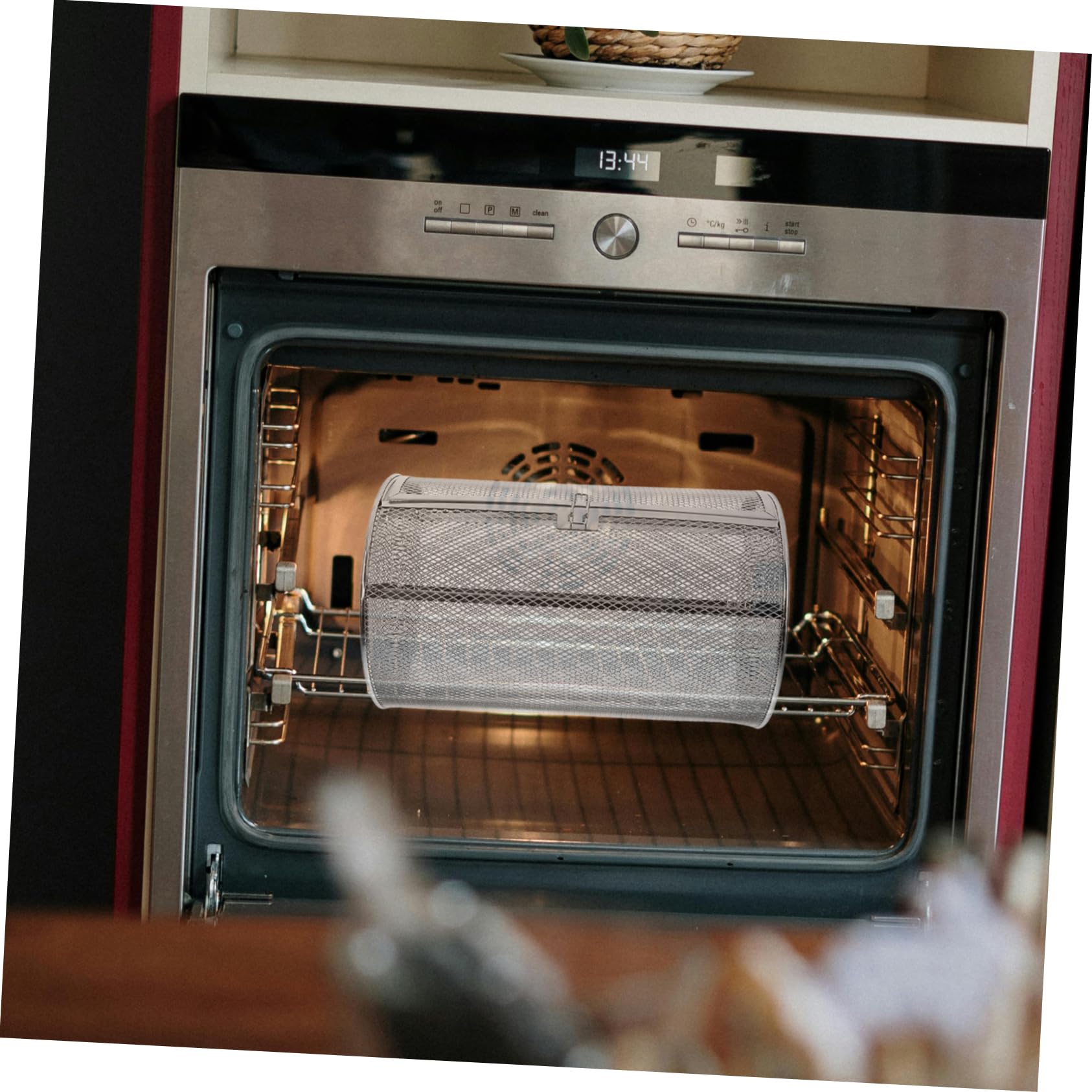Jaula para Horno Asador de Acero Inoxidable, Giratoria | Plata, para Almendras y Castañas, Calentamiento Uniforme, Uso Seguro y Práctico