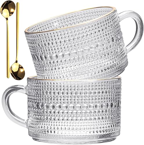 Bupto Juego de 2 tazas de café vintage, vidrio transparente estampado con asa, tapa de bambú y cuchara, 14 onzas. Ideal para café con leche, leche,