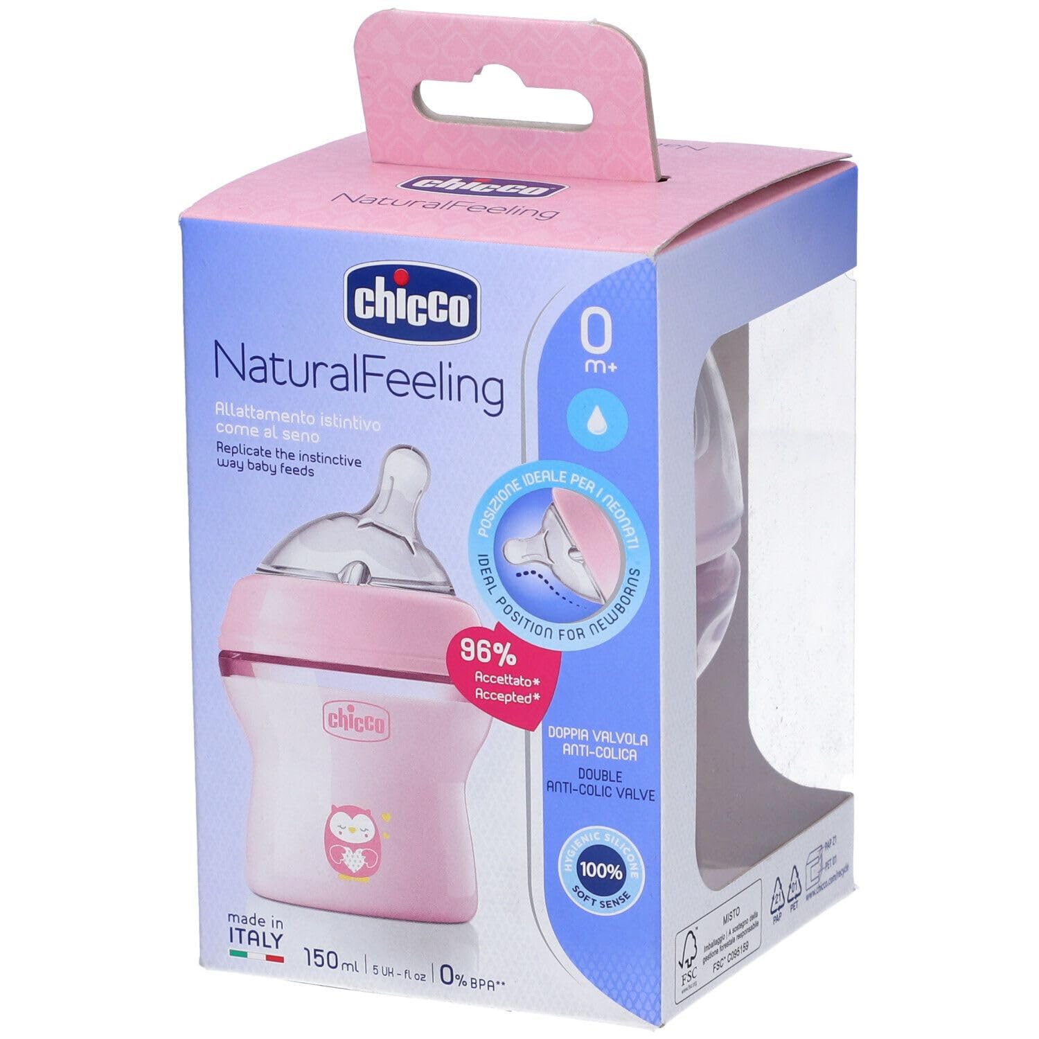 Chicco Natural Feeling Anti-Kolik Babyflasche für 0+ Monate, 150 ml, mit Weichem Silikonsauger und Doppelventil, Natürliches und Instinktives Gefühl beim Saugen, Kunststoffflasche