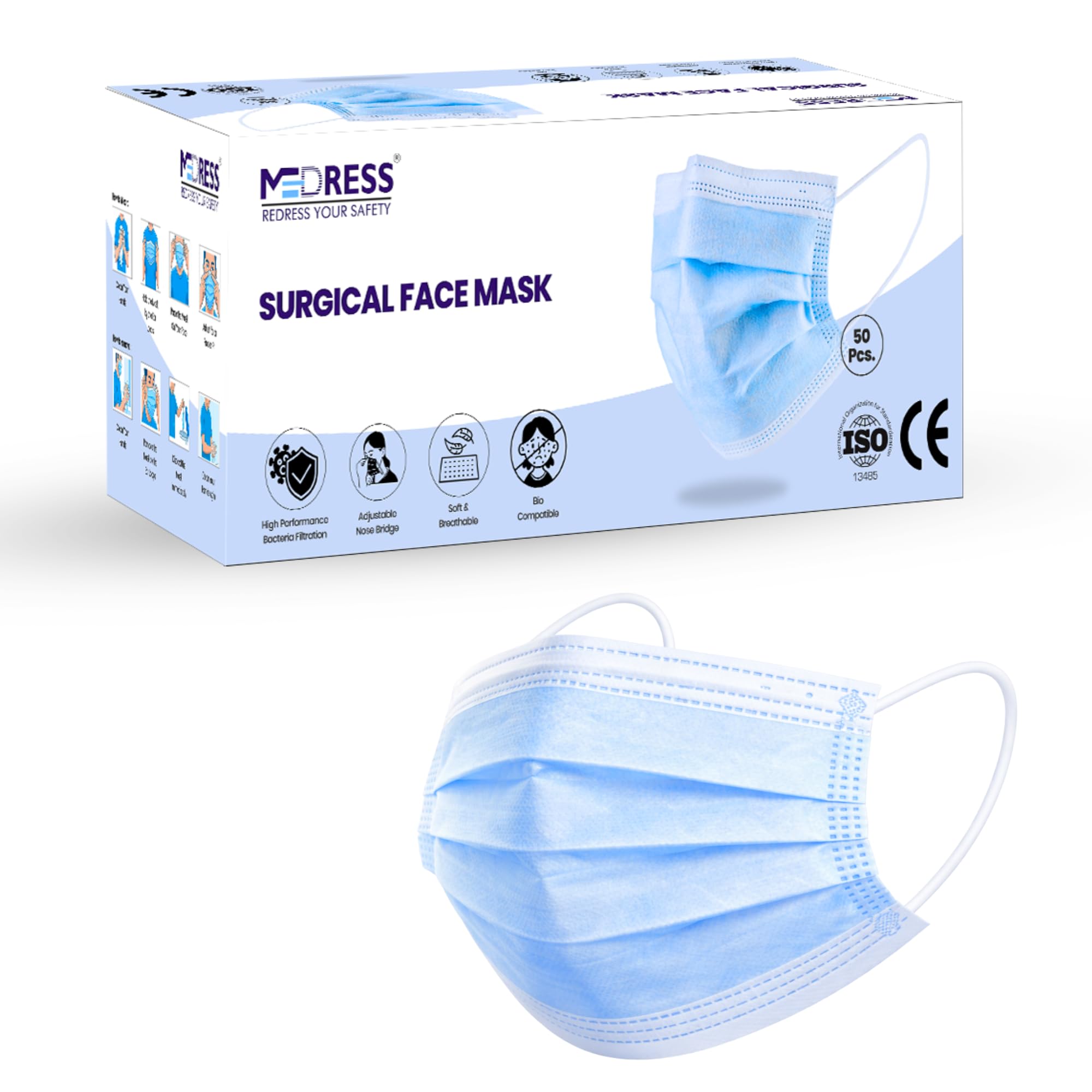 Disposable 3 Ply Face Mask Pack of 50 | Non Woven Surgical Face Mask | Breathable Blue Medical Mask with Nose Clip & Soft Earloop | Disposable Mask for Hospital Clinic Office Travel Daily Use-image-46