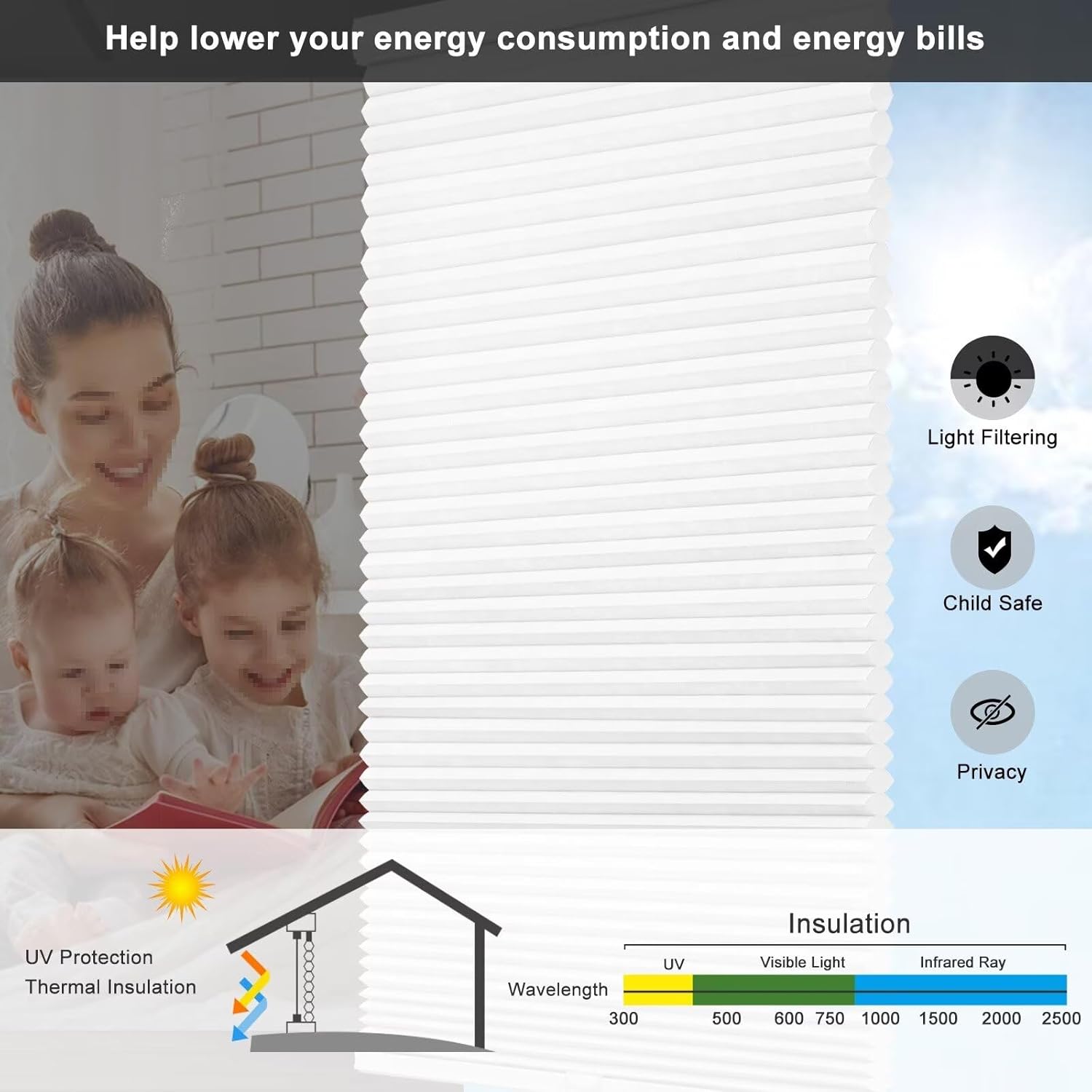 Changshade No Drill Blinds for Indoor Windows Adjustable, Cordless No Tools No Drilling Cellular Shades Color-Matched 1.5" Honeycomb Light Filtering, Shade Size 70.5 Inch Wide 72 Inch High, White