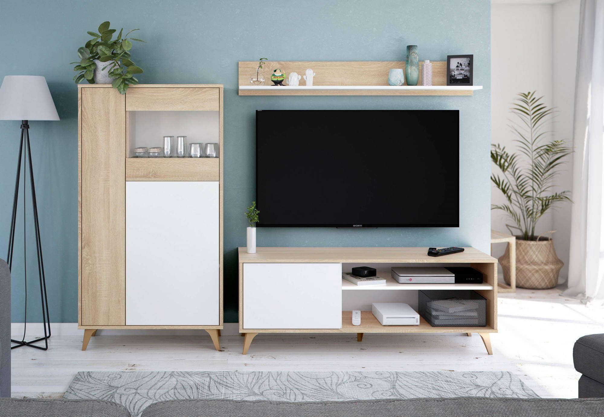 Dmora - Vetrina Atlanta, Vetrinetta moderna a 3 ante, Credenza da soggiorno o salotto, Madia alta con ripiani, 77x33h142 cm, Rovere e Bianco