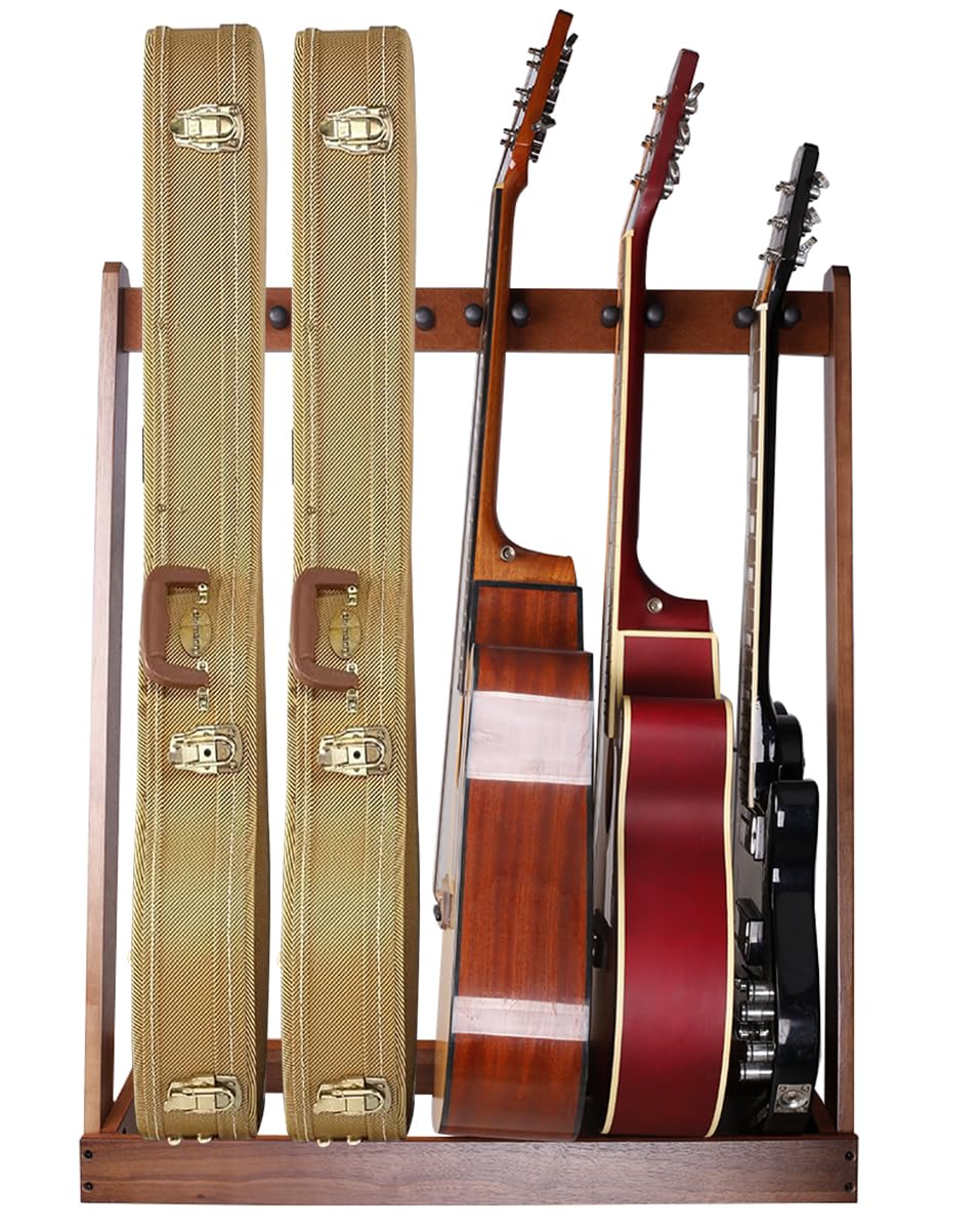 Supporto per chitarra in legno per 5 chitarre acustiche, elettriche o basse, con slot per plettri e spazio per 4 scatole