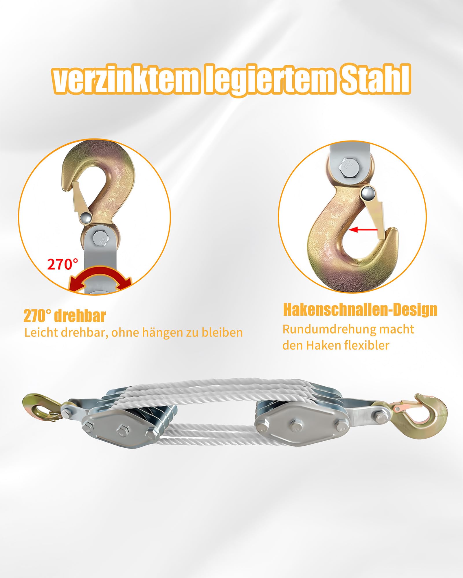 Schwerlast Flaschenzug mit 20m Nylon: Flaschenzug 4400 LB Tragkraft Manuelle Hubseile 8:1 Arbeitssparender Flaschenzug Hochleistungs-Seilzug für Garagen Lagerhallen (1, silber)
