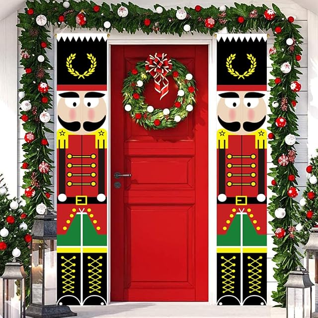 LUTAKU Nutcracker Banner Outdoor Festive Decoration, Life Size Nutcracker Soldier Porch Signs, Hanging Nutcracker Banners for Front Door Yard Home Garden Office Garage Party Supplies (Red-02)