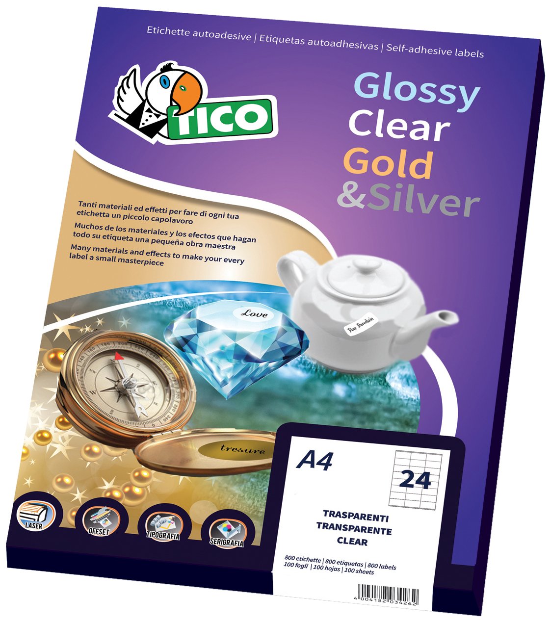 TICO GL4 – 3636 – Labels, Box of 100 Sheets, A4, 36 x 36 mm, Satin Gold