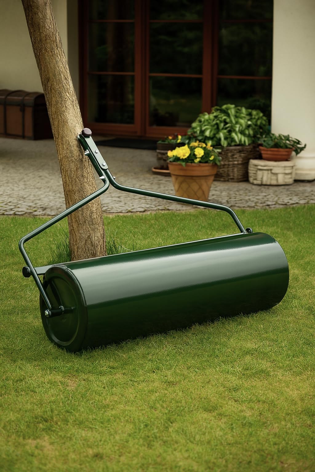 Gartenwalze 102 cm für Rasentraktor – Robuste Anhängewalze aus Stahl, befüllbar mit Wasser & Sand (bis 210 kg) – Rasenwalze mit Schmutzabstreifer, Grün, Ø 30 cm (BirnePower)
