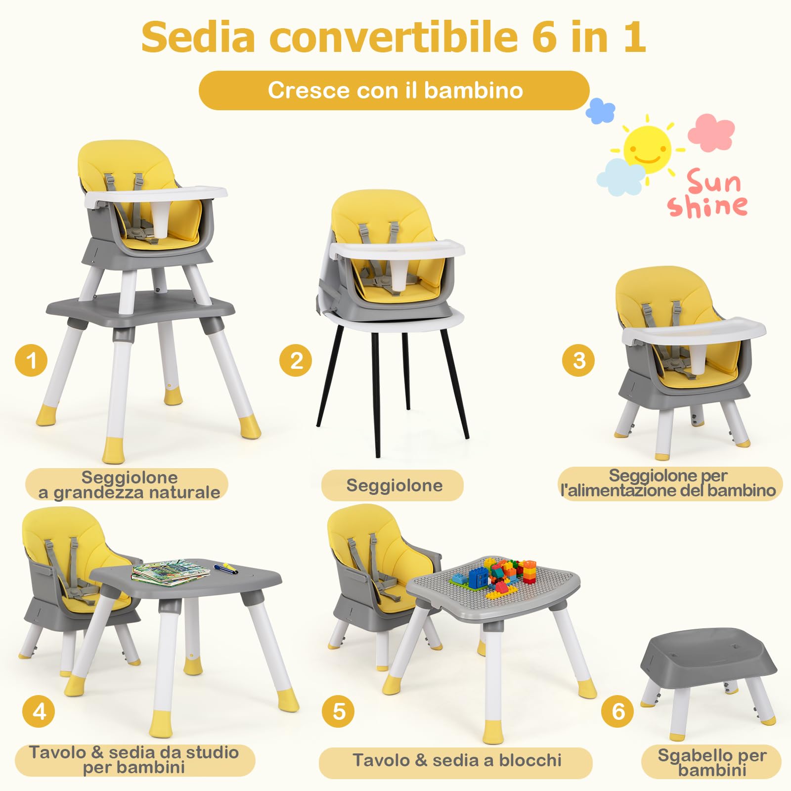 RELAX4LIFE 6 en 1 Trona Bebé con Arnes de 5 Puntos y Cojín Desmontables, Tronas de Bebe Portátil con Bandeja Ajustable y Extraíble, Mesa y Silla Infantil para Niños 6+ Meses, Carga 25kg (Amarillo)