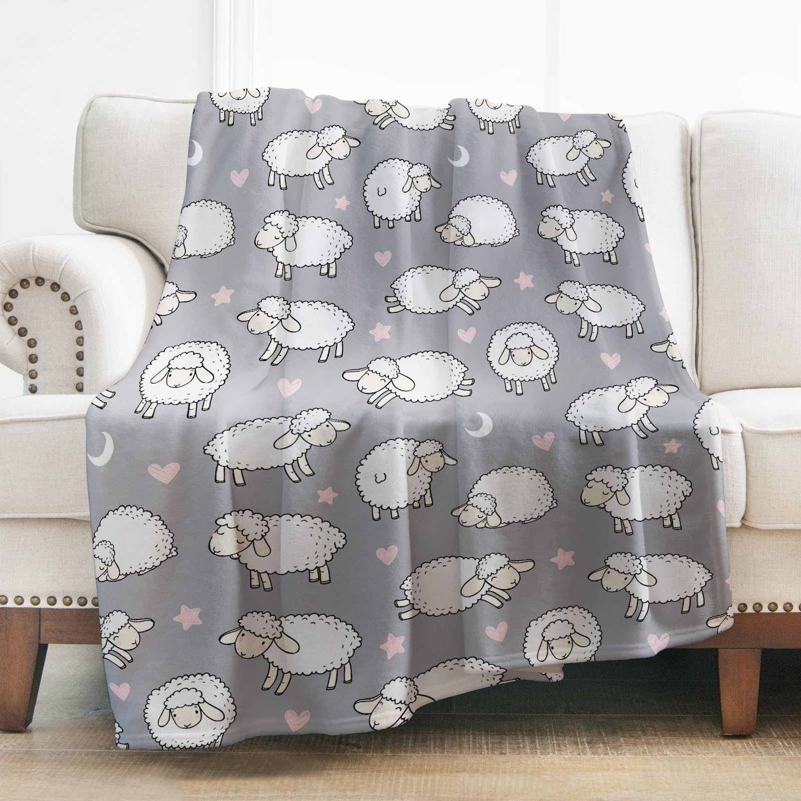Levens Girls Sheep Blanket Grey Cute Sheep Blanket Gifts For Kids, Lightweight Soft Sheep Lamb Animal Print Throw Blankets For Couch Sofa Stuff Decor Cozy Plush Flannel For Women Adults 50"X60"