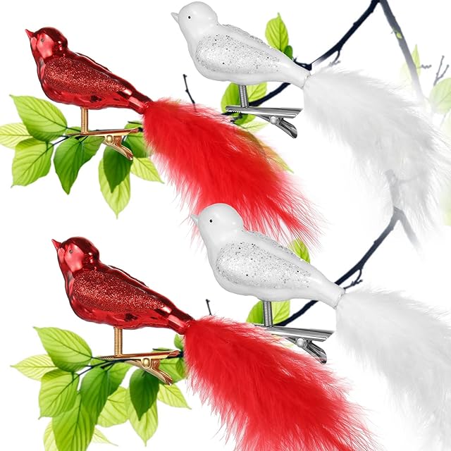 Glass Bird Christmas Tree Ornaments , 4pcs Christmas Tree Decorations White and Red Glass Bird, UNOLIGA Cute Hand Blown Glass Christmas Birds with Clip