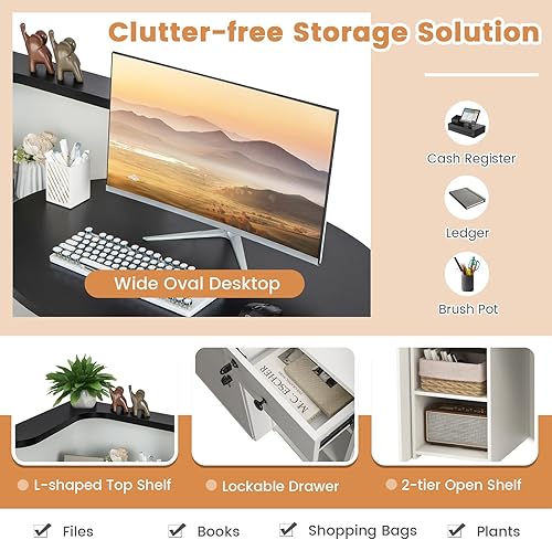 Miniatura 5 de Tangkula Escritorio de recepción, mostrador frontal con cajón con cerradura y estante ajustable, escritorio ovalado, mostrador minorista para pagar,