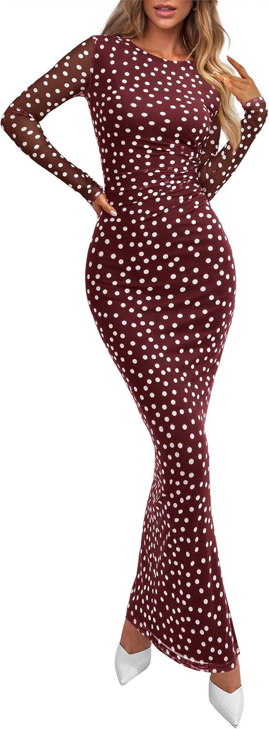 PRETTYGARDEN Women's Bodycon Maxi Dress Fall Spring Fashion Long Sleeve Floral Print Tight Fitted Party Club Ruched Dresses