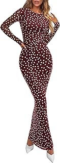 Women's Bodycon Maxi Dress Fall Spring Fashion Long Sleeve Floral Print Tight Fitted Party Club Ruched Dresses