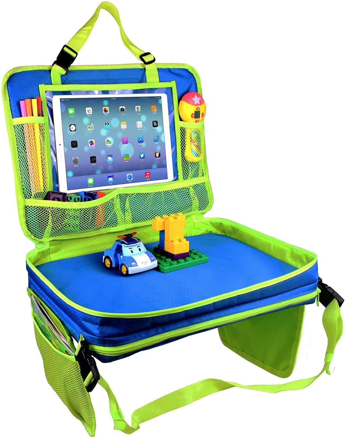 Gelible Kids Car Seat Travel Tray Toddler Snack Play Trays with Removable Mesh Pockets Lap Organizer for Plane Stroller, Activity,Learn and Journey(Blue)