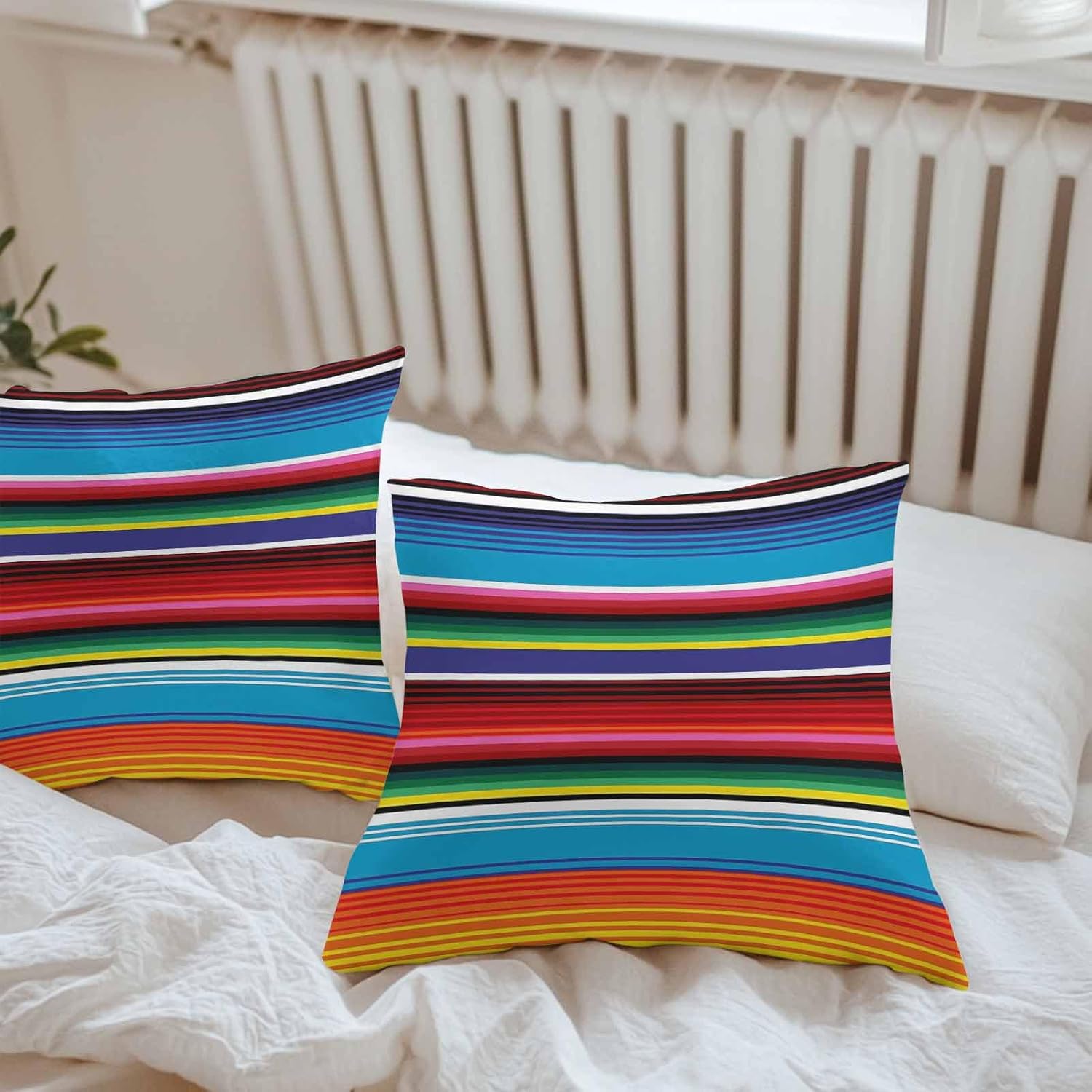 Outdoor Pillow Covers Waterproof, Blue Yellow Stripes All Weather Cushion Case Set of 2, Colorful Mexican Decorative Pillowcases for Sofa Couch Bed Decor Patio Furniture 26"x26"