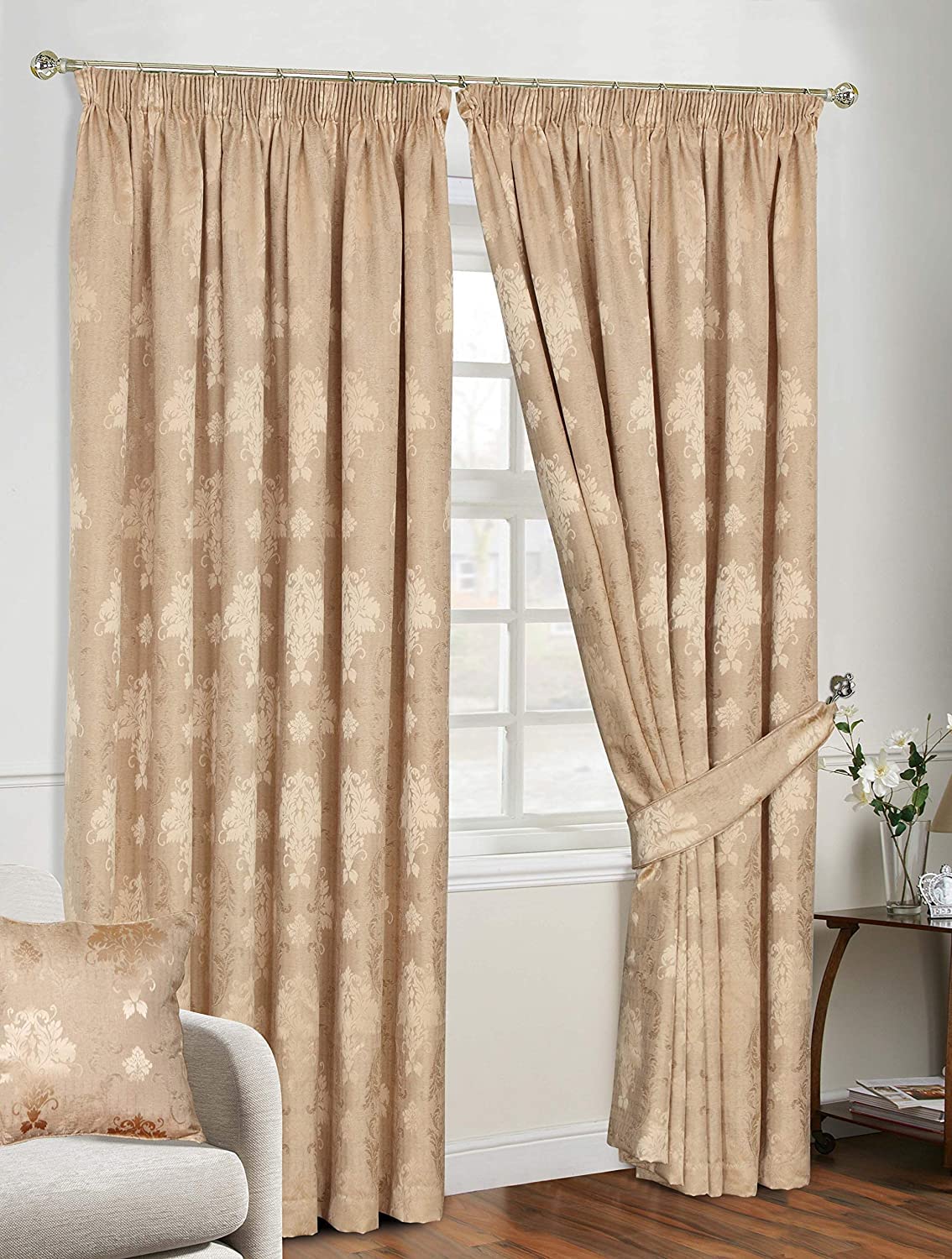 Modern Curtains for Living Room Fully Lined Pencil Pleat Luxury Jacquard Virginia Bedroom Curtains (Gold, CC Pair 22"x22" Large)