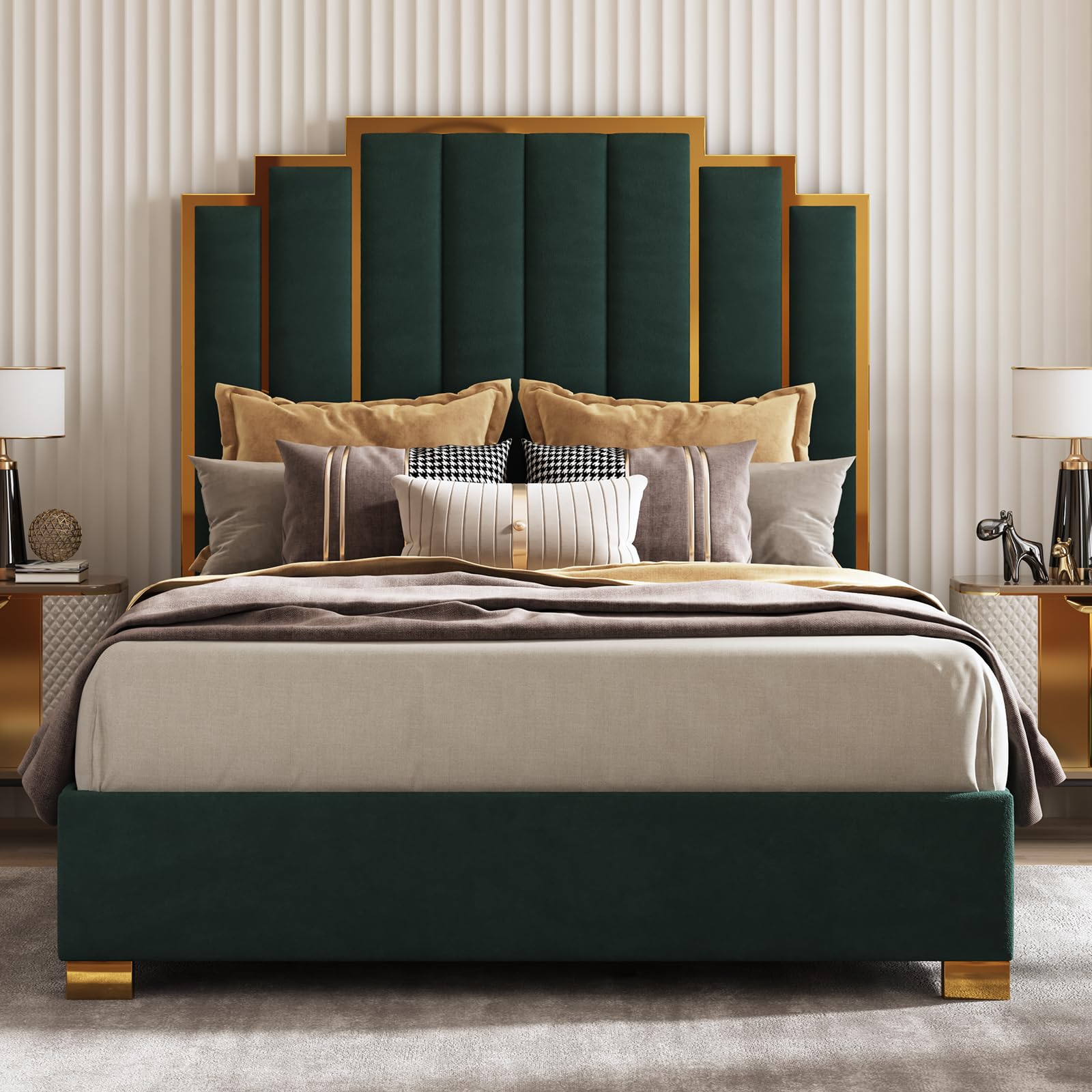 AMERLIFE Queen Size Upholstered Bed, Modern Velvet Bed Frame with 61.4” Tall Gold Trim Headboard, No Box Spring Needed, Green