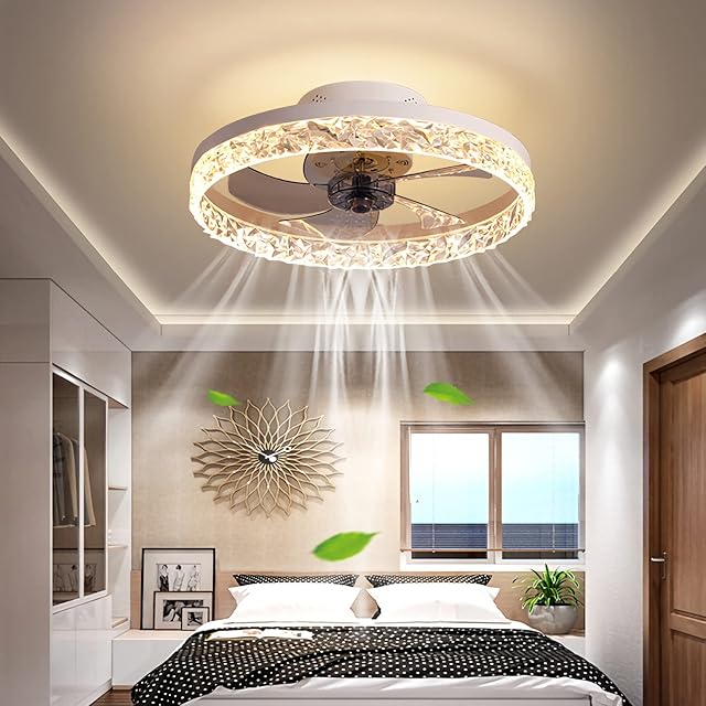 YUNZI 19.7'' Ceiling Fan with Light and Remote Control, Indoor LED 30W Dimmable Ceiling Lamp Modern Low Profile Ceiling Fans for Living Room Bedroom Lighting, 6 Speeds, Dimming Lights, White
