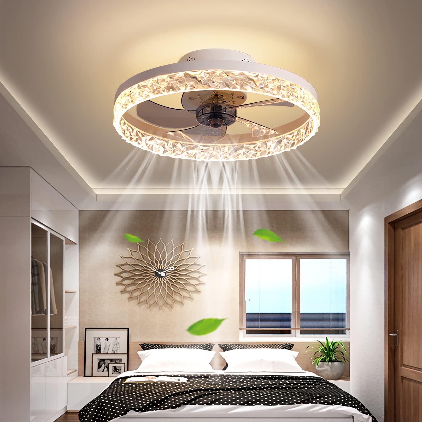 YUNZI 19.7" Ceiling Fan with Light and Remote Control, Indoor LED 30W Dimmable Ceiling Lamp Modern Low Profile Ceiling Fans for Living Room Bedroom Lighting, 6 Speeds, Dimming Lights, White