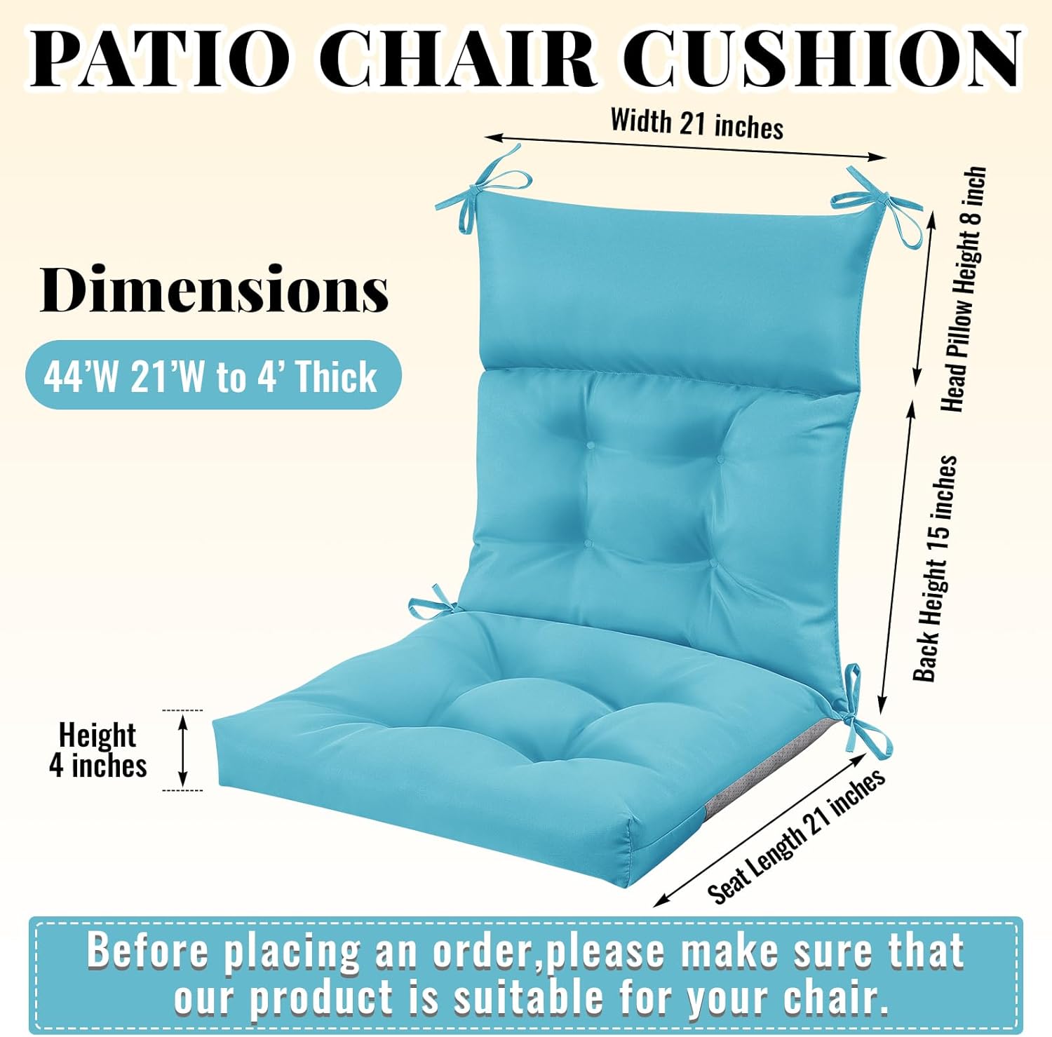 Sintuff 4 Pcs 44 x 21 x 4 Patio Chair Cushions Outdoor Chair Cushion Seat/Back Tufted Pillow with Ties Water Resistant Replacement Indoor Patio Furniture Outdoor Furniture (Solid Color,Royal Blue)