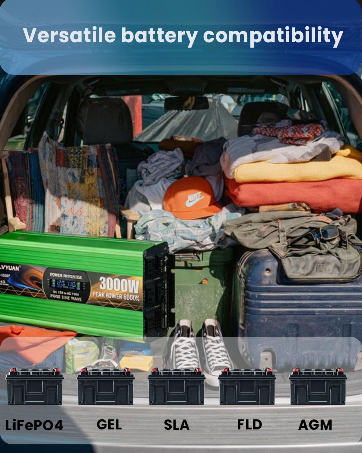 LVYUAN 3000W Pure Sine Wave Power Inverter, 6000W Peak Power 12V DC to AC 120V Power Converter for RV, Truck, Outdoor, Remote Control Quadruple AC Outlets and USB Ports with LCD Display