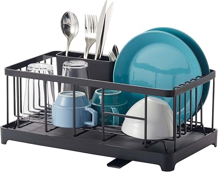 YAMAZAKI Home Wire Dish Drainer Rack with Removable Drainer Tray with Drainage Spout, Utensils Holder, Steel, Draining Spout, Water Resistant, No Assembly Req. | Wire dish drainer rack with a removable tray. Features a built-in drainage spout. Convenient storage solution for utensils.