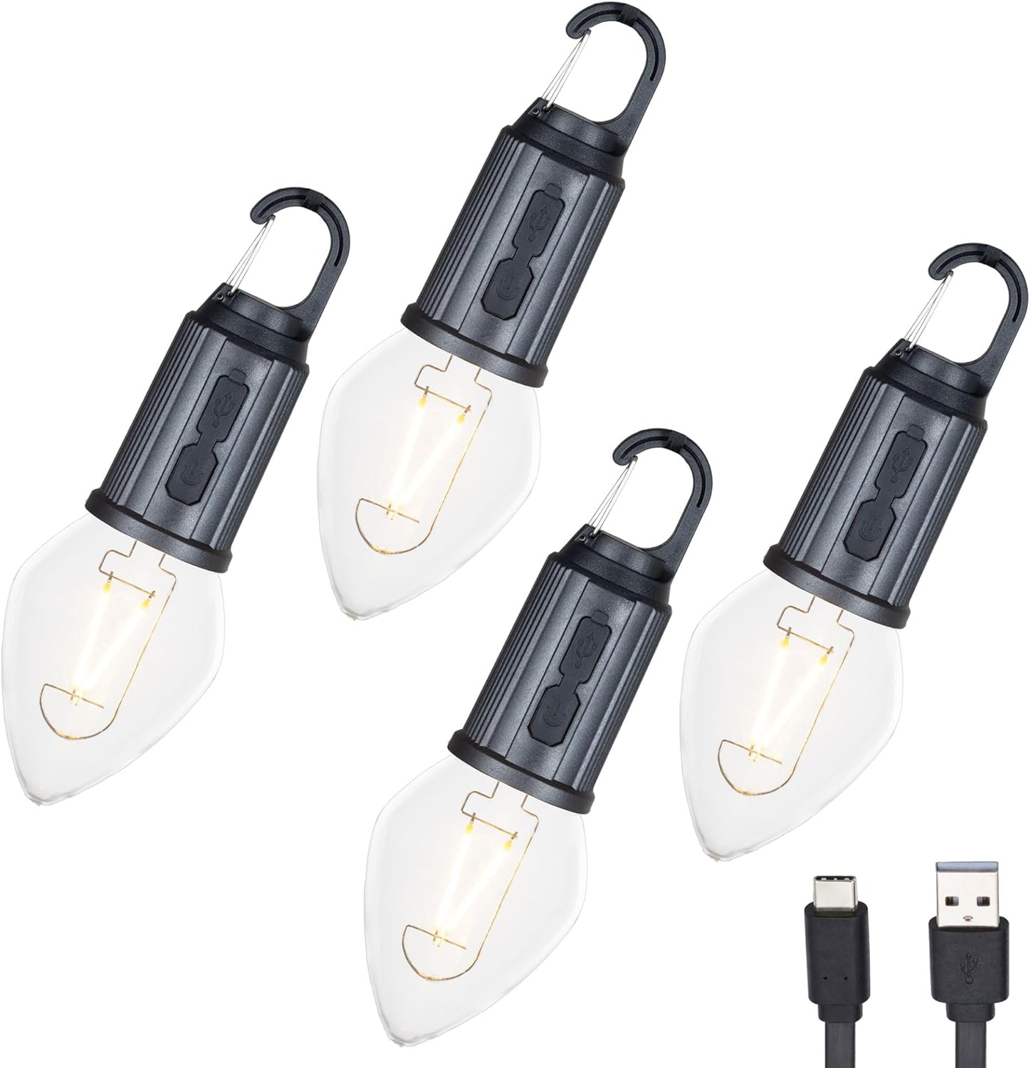 4-Pack Rechargeable Camp Light, Warm White LED Teardrop Bulb, Battery Powered with USB-C, Shatterproof Globe on Carabiner, 3 Brightness Levels