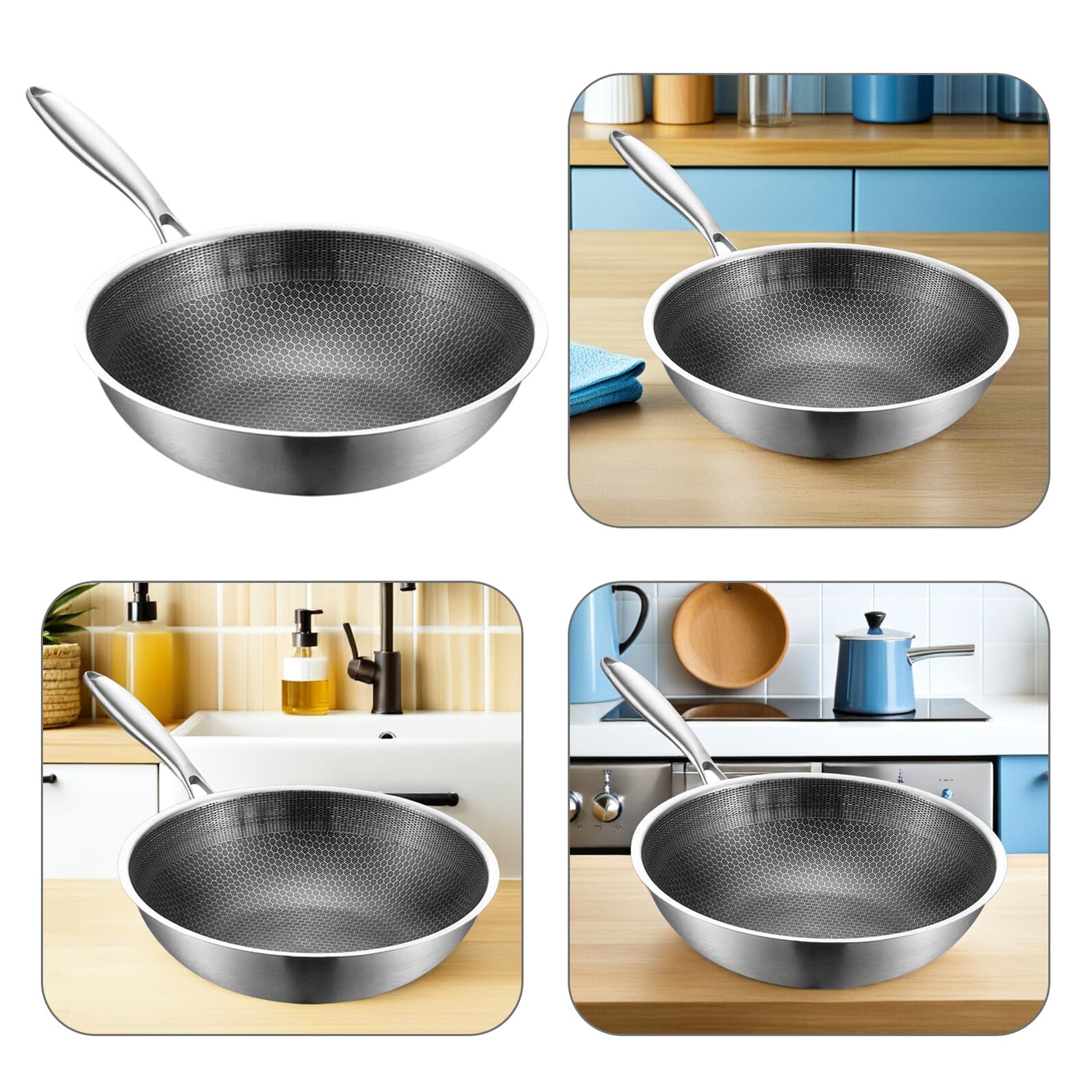 UPKOCH Padella Wok in Acciaio Inox 20.5 Pollici Con Rivestimento Antiaderente a Nido D'Ape Manico Ergonomico Riscaldamento Rapido E Uniforme Per Cucina Professionale E Uso Quotidiano