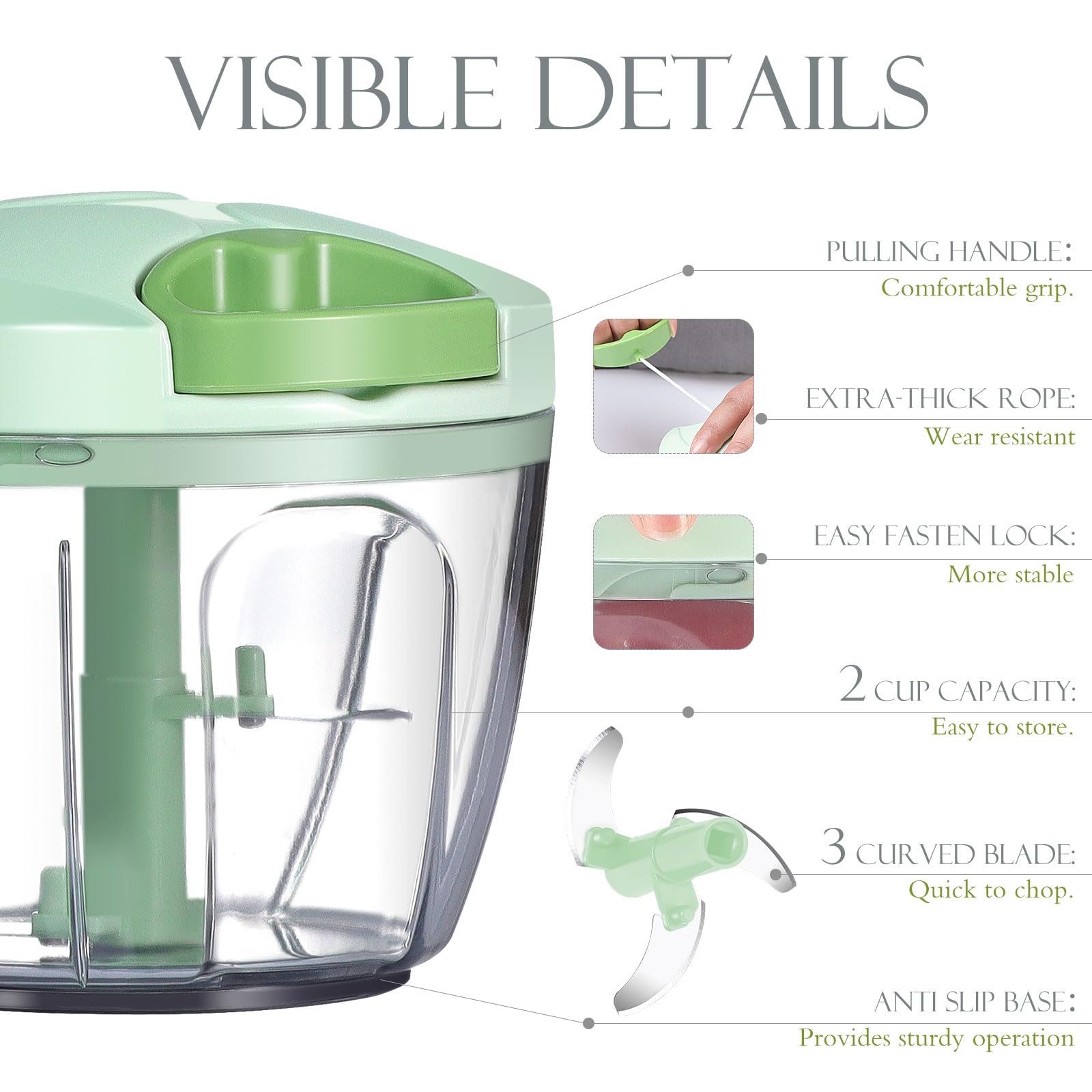 Ourokhome Picador de ajo, picador de cebolla, procesador manual de alimentos, cortador de verduras de velocidad portátil para verduras, jengibre, frutas, frutos secos, hierbas, etc., 650 ml, verde