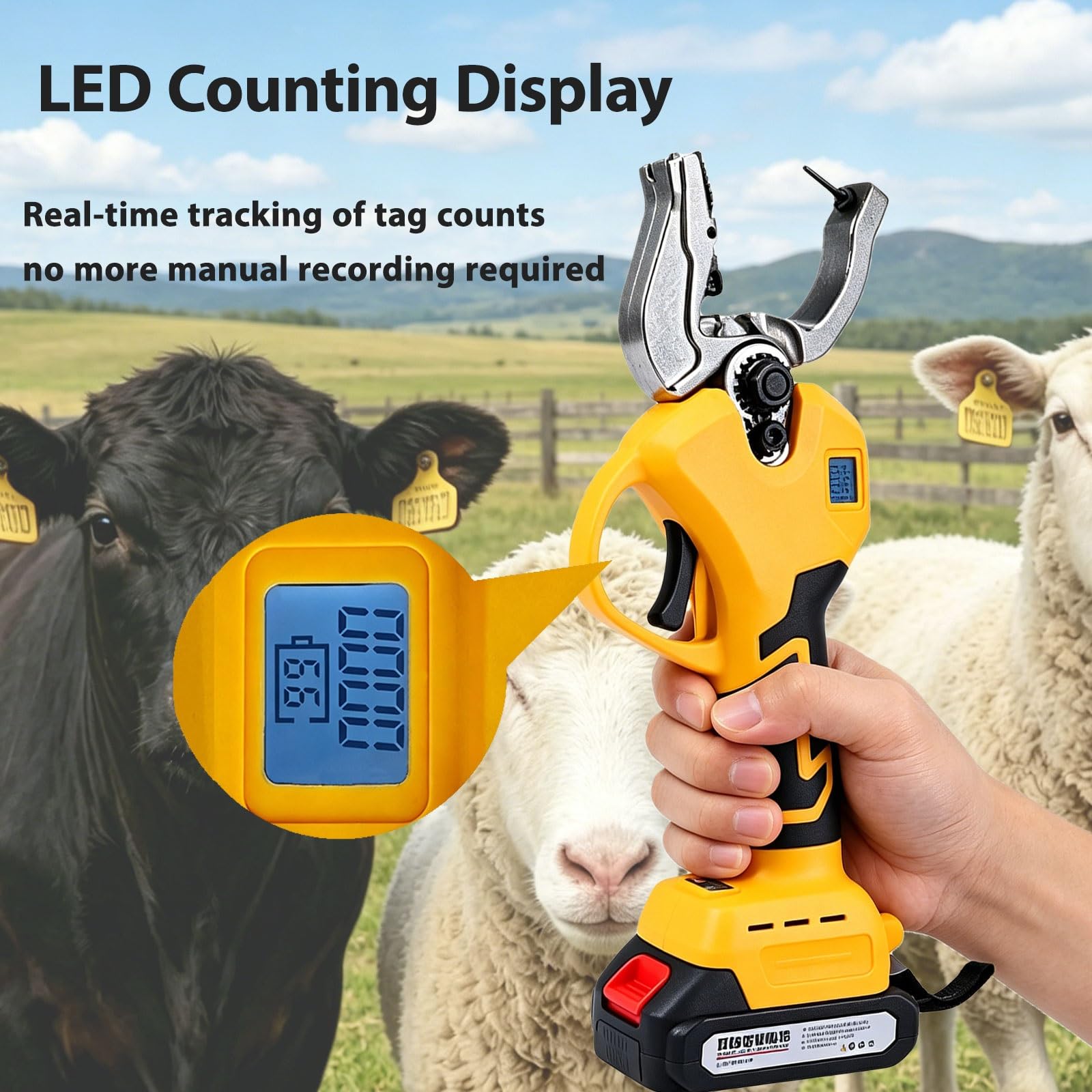 Alicate Eléctrico for Crotales, Marcador Ganadero Recargable, con 2 Baterías, Rebote Automático, con 6 Agujas, Herramienta de Identificación for Vacas, Cerdos y Ovejas(Blue)