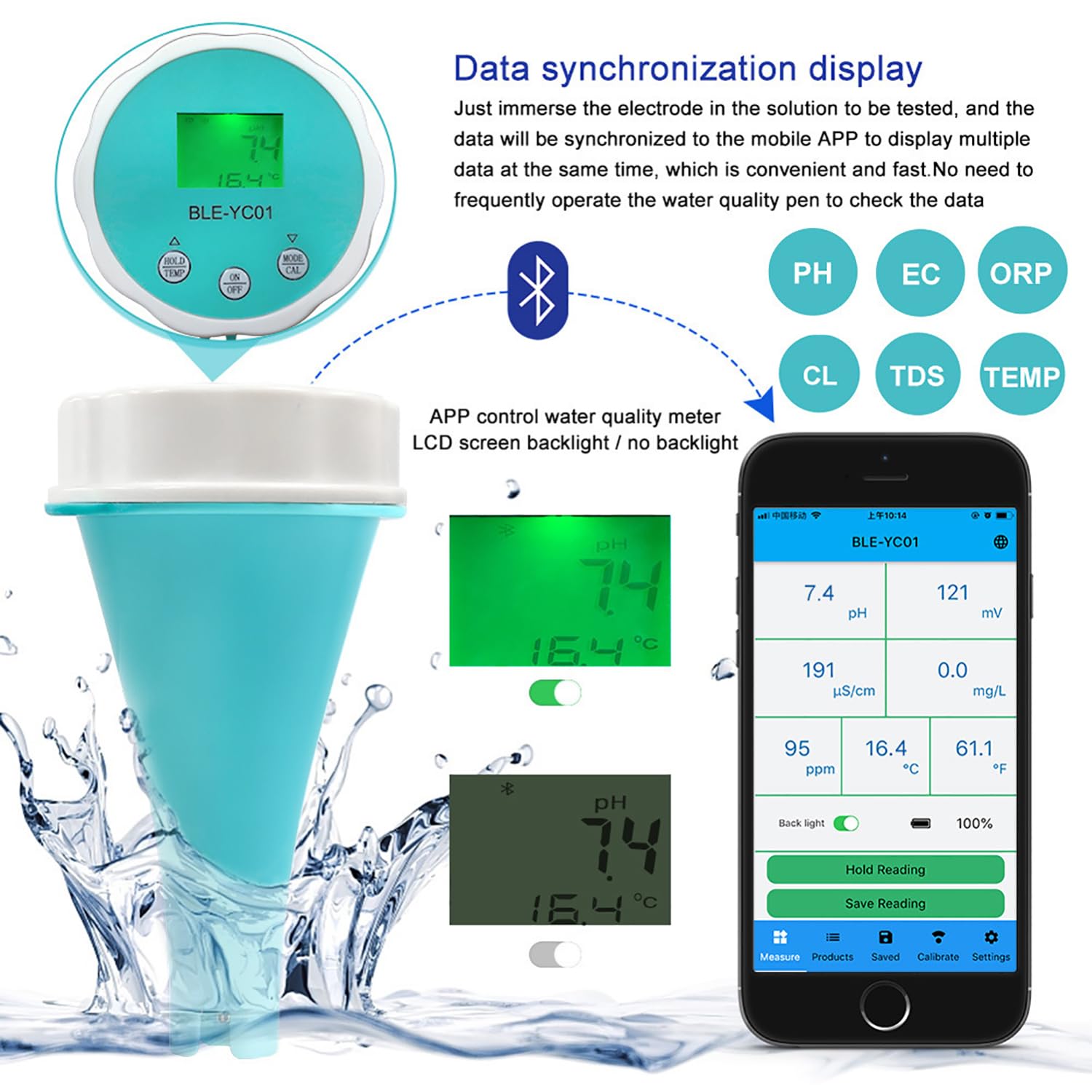 Tester wody w basenie, bezprzewodowy inteligentny monitor jakości wody, mierzy pH, chlor, ORP, temperaturę, zasolenie, sterowanie aplikacją Bluetooth
