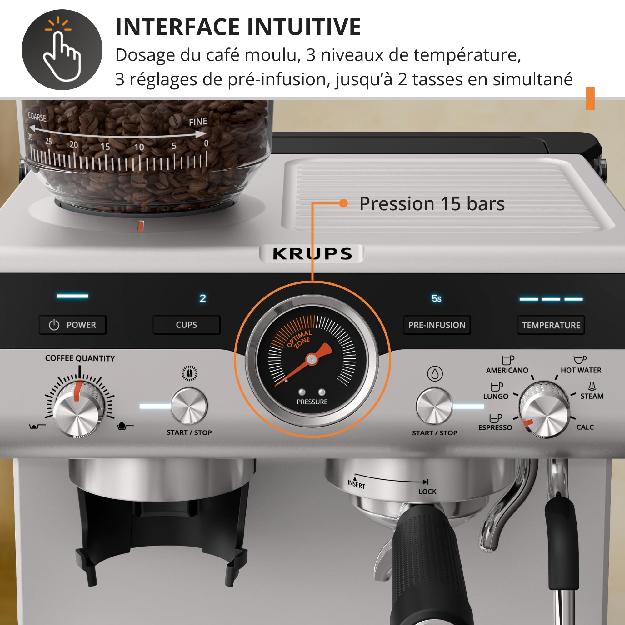 Krups Precision, Machine Expresso Manuelle avec moulin, 30 Niveaux de mouture, 15 Bars, Buse Vapeur, 3 Températures, Interface Intuitive, Cappuccino, XP801T10, Silver