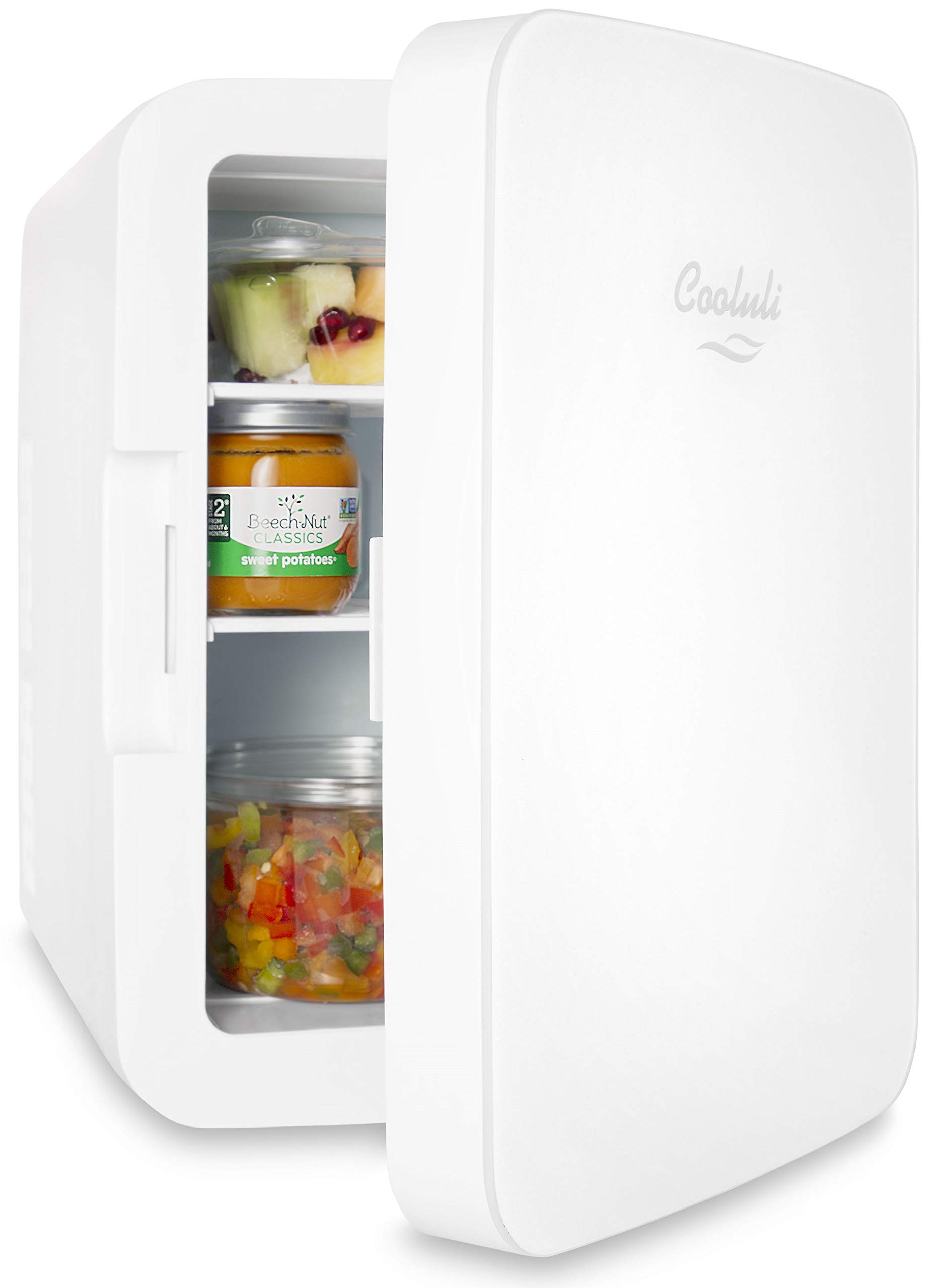 Cooluli 10L Mini Fridge for Bedroom - Car, Office Desk & College Dorm Room - 12v Portable Cooler & Warmer for Food, Drinks, Skincare, Beauty & Makeup - AC/DC Small Refrigerator with Glass Front, White- DOOR NEEDS REATTATCHED