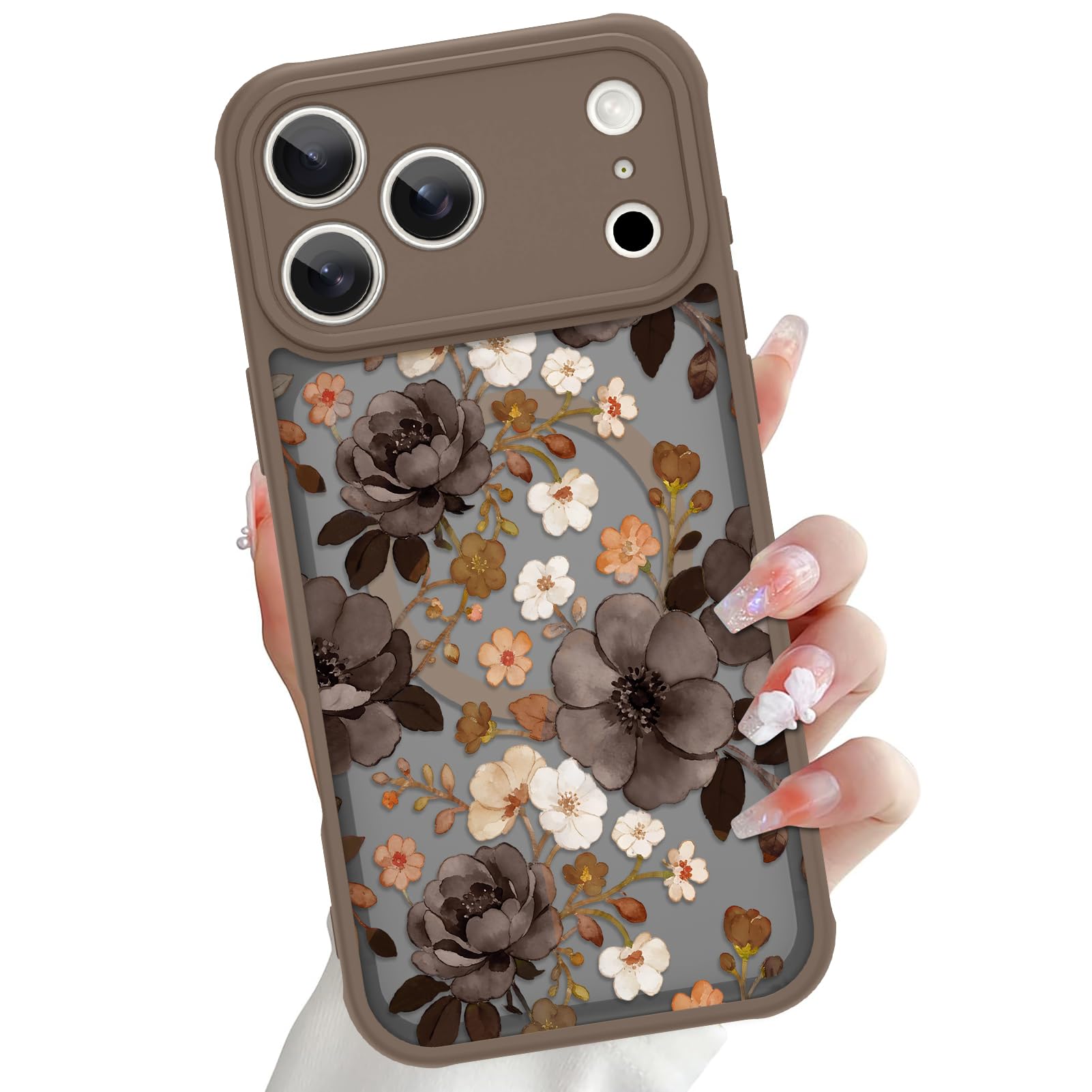 LSL Funda magnética para iPhone 17 Pro Max compatible con MagSafe, bonito diseño de flores, funda protectora de TPU a prueba de golpes para mujeres y niñas, color marrón